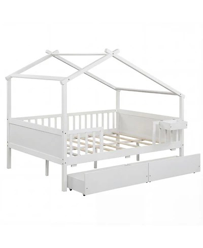 Slickblue Kids Full House Bed Frame with Roof and Safety Rails