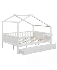 Slickblue Kids Full House Bed Frame with Roof and Safety Rails