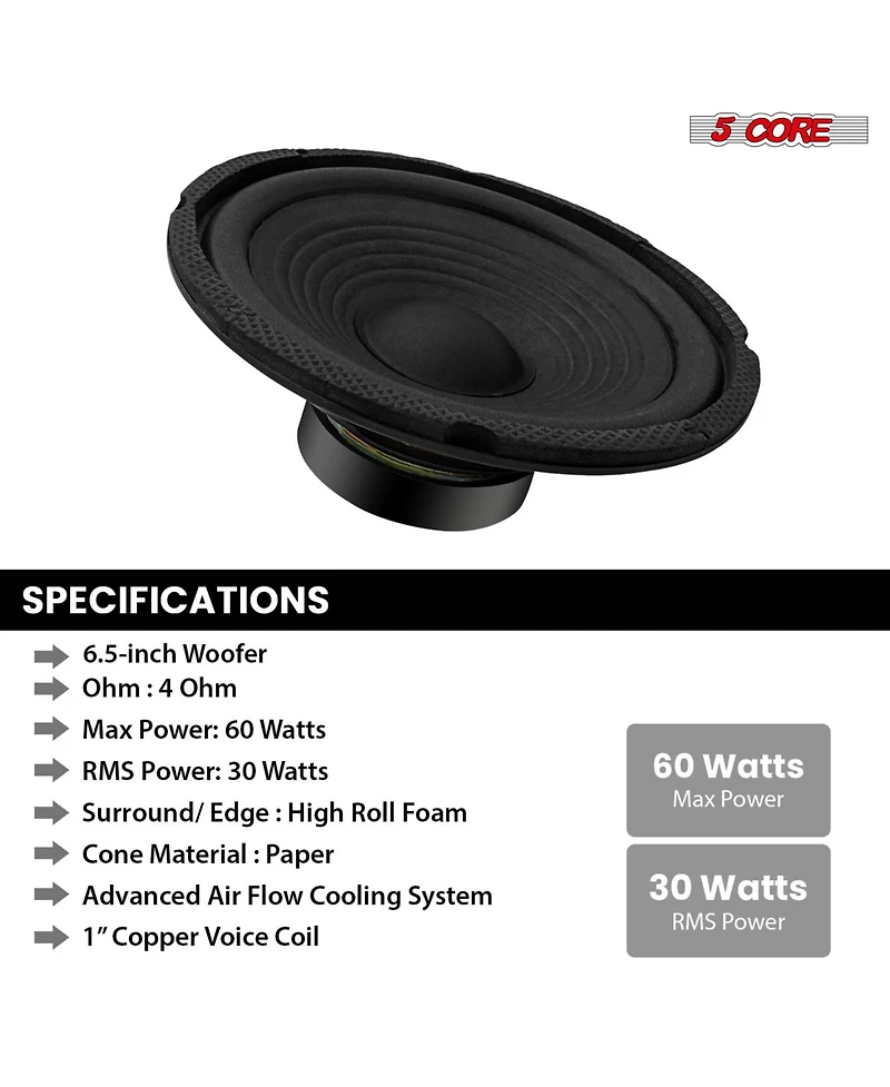5 Core 6.5 Inch Subwoofer 300W Car Audio Sub Woofer 4 Ohm Deep Bass Replacement Loud Speaker