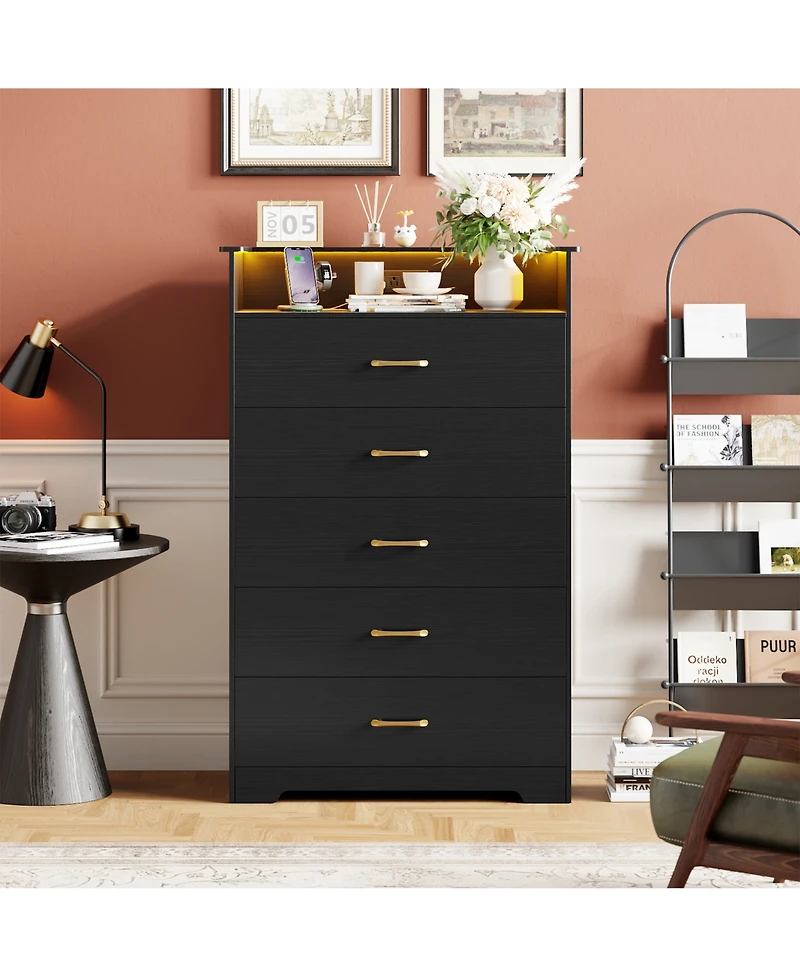 gaomon 5-Drawer Wooden Dresser with Led Lights and Power Outlet, Modern Closet Storage Cabinet for Bedroom, Living Room