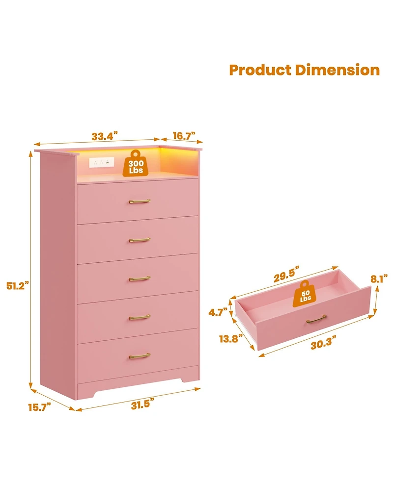 gaomon 5-Drawer Wooden Dresser with Led Lights and Power Outlet, Modern Closet Storage Cabinet for Bedroom, Living Room