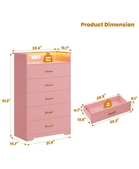 gaomon 5-Drawer Wooden Dresser with Led Lights and Power Outlet, Modern Closet Storage Cabinet for Bedroom, Living Room