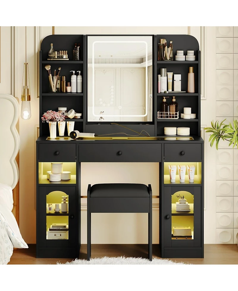 Streamdale Furniture 43.2 inches Vanity Desk with Led Mirror, Rgb Lights, Storage and Stool
