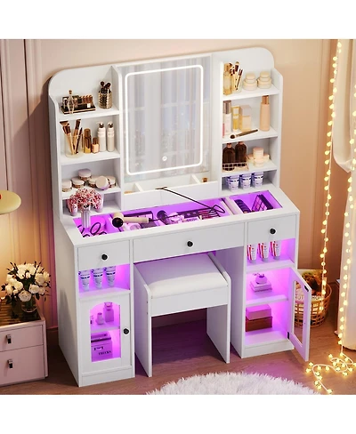 Streamdale Furniture Led Vanity Desk with Mirror, Rgb Lights, Storage, and Stool