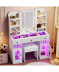 Streamdale Furniture Led Vanity Desk with Mirror, Rgb Lights, Storage, and Stool