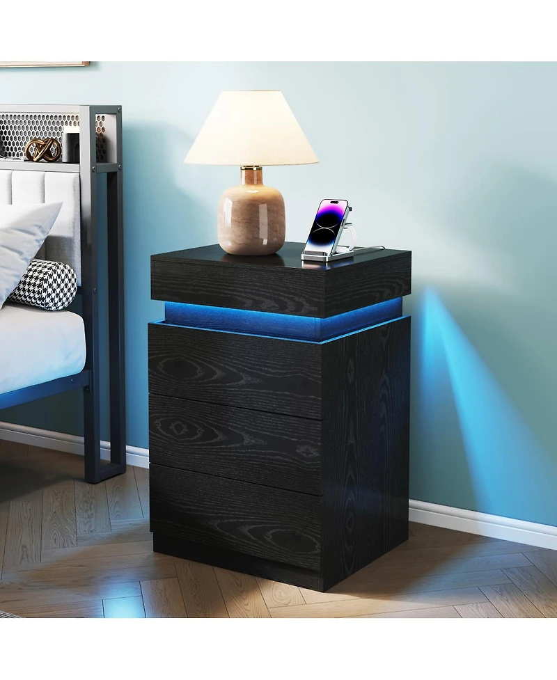 Streamdale Furniture 3-Drawer Nightstand Charging and Led