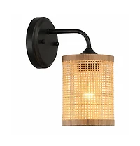 Single Light Wall Sconce Rattan Shade Rustic Wicker Wall Light Fixture for Bathroom Bedroom Living Room