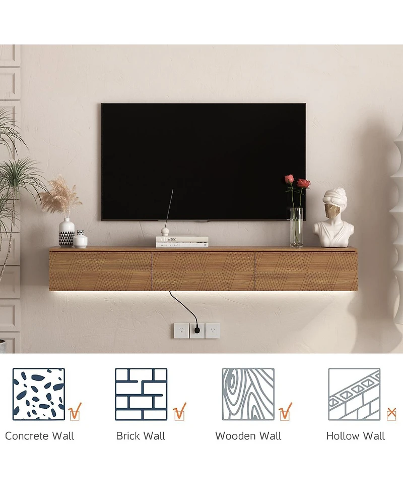 Streamdale Furniture Floating Tv Stand Wall Mounted with 16 Color LEDs for 65 Inch Tv