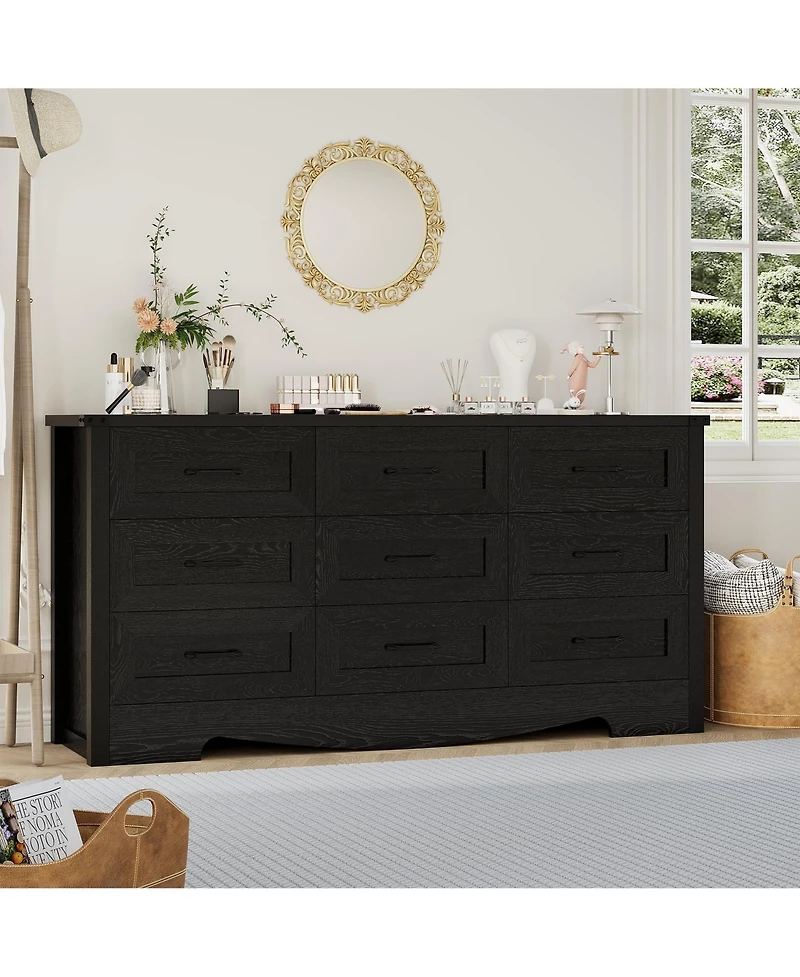 homfan 9-Drawer 59-Inch Wide Wooden Long Dresser with Handles for Bedroom or Living Room