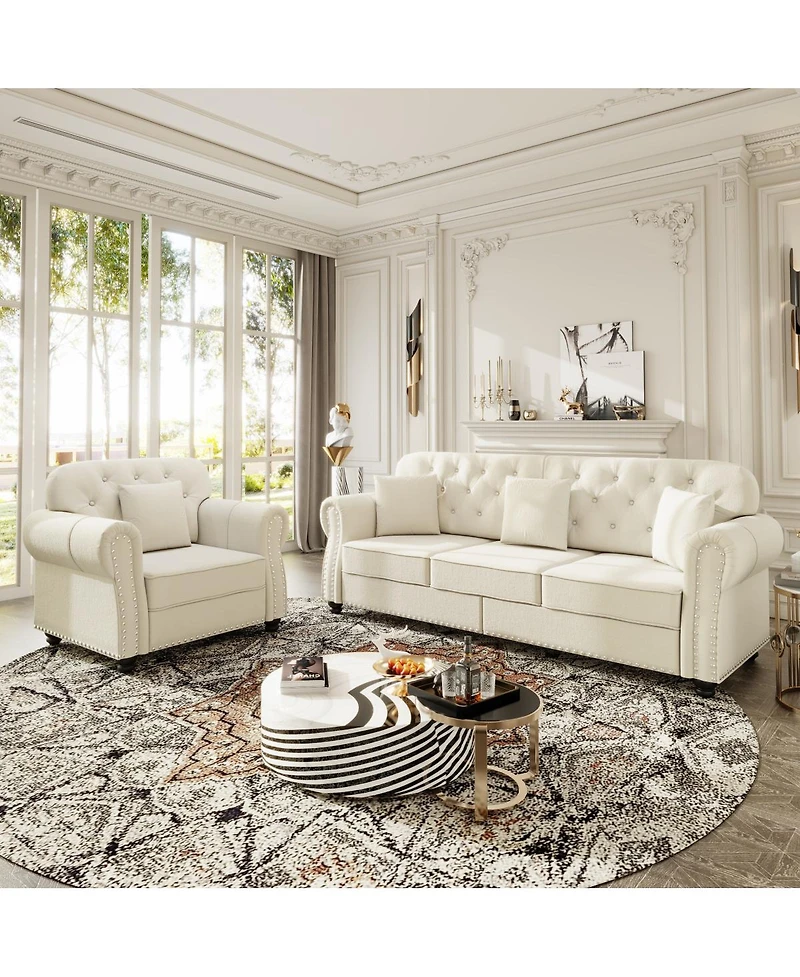Streamdale Furniture Velvet Nailhead Rolled Arm Sofa with Ottoman