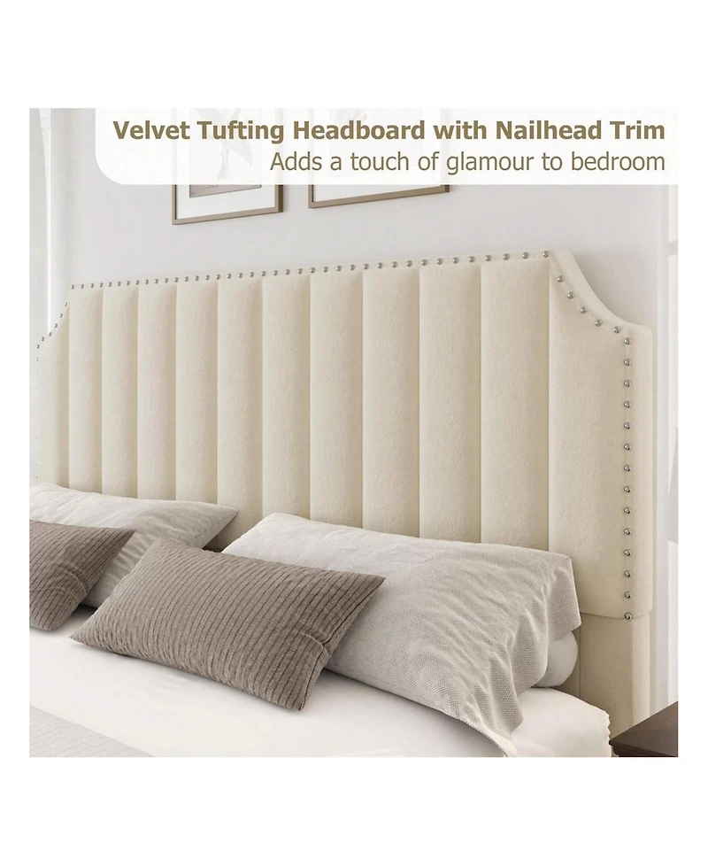 gaomon Queen Platform Bed Frame, Velvet Upholstered, 50.2" Vertical Channel Tufted Headboard & Footboard, Nailhead Trim