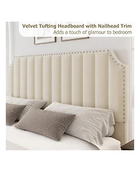 gaomon Queen Platform Bed Frame, Velvet Upholstered, 50.2" Vertical Channel Tufted Headboard & Footboard, Nailhead Trim