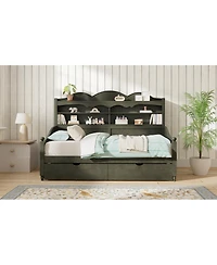 Streamdale Furniture Retro Wooden Twin Daybed with Storage Drawers and Headboard Shelves