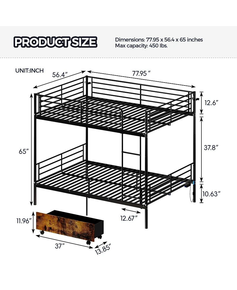 Streamdale Furniture Metal Split Bunk Bed w/ Usb, Storage, Guardrail, Ladder