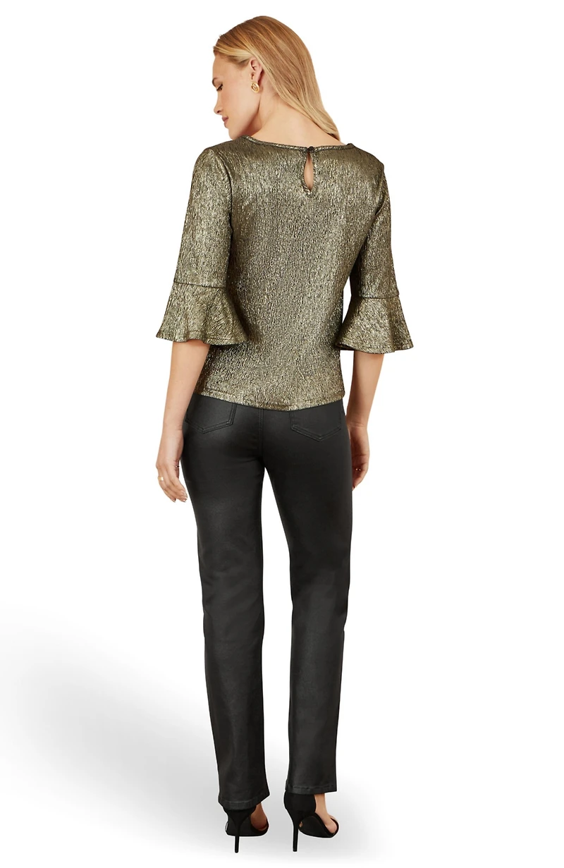 Yumi Women's Fluted Sleeve Metallic Stretch Top