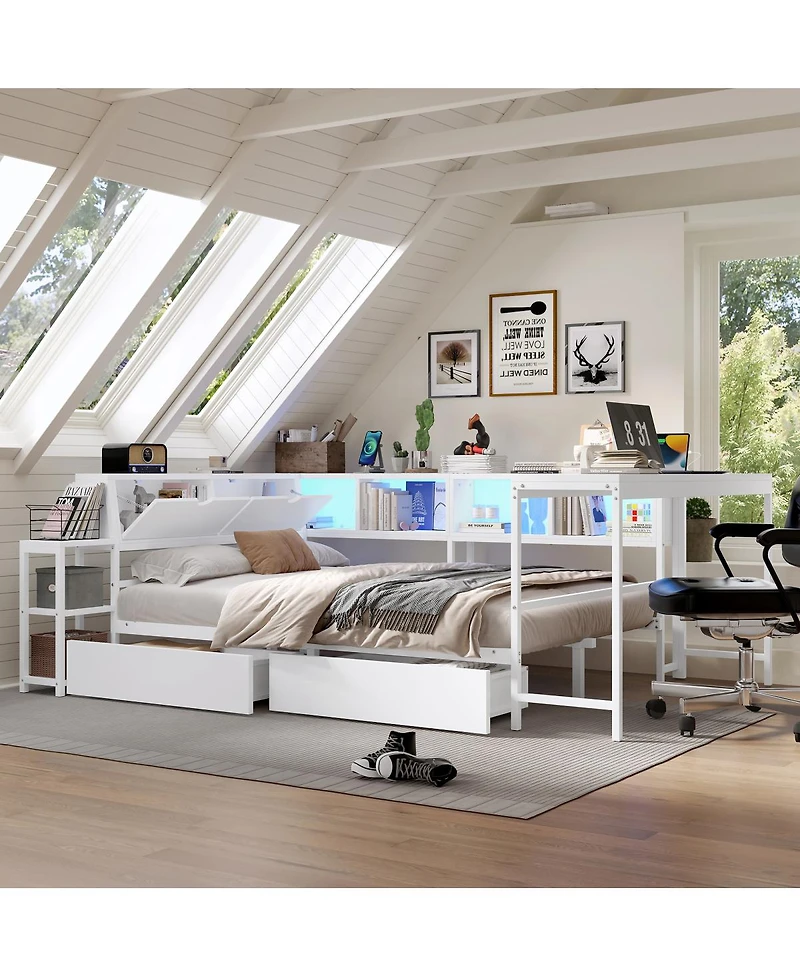Streamdale Furniture Bed With Bookcase, Led, Charging, Storage Drawers