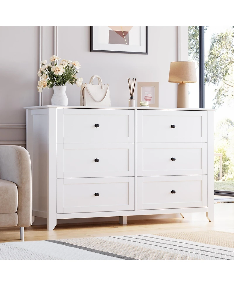 homfan 6-Drawer Farmhouse Dresser, 53.9" Wide Wood Storage Chest with Deep Drawers for Bedroom, Hallway and Living Areas