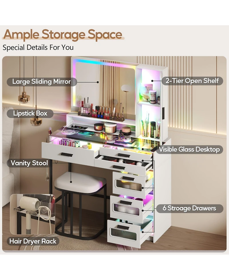 Vlsrka Led Vanity Desk Set with Rgb Mirror, Remote & Charging Station