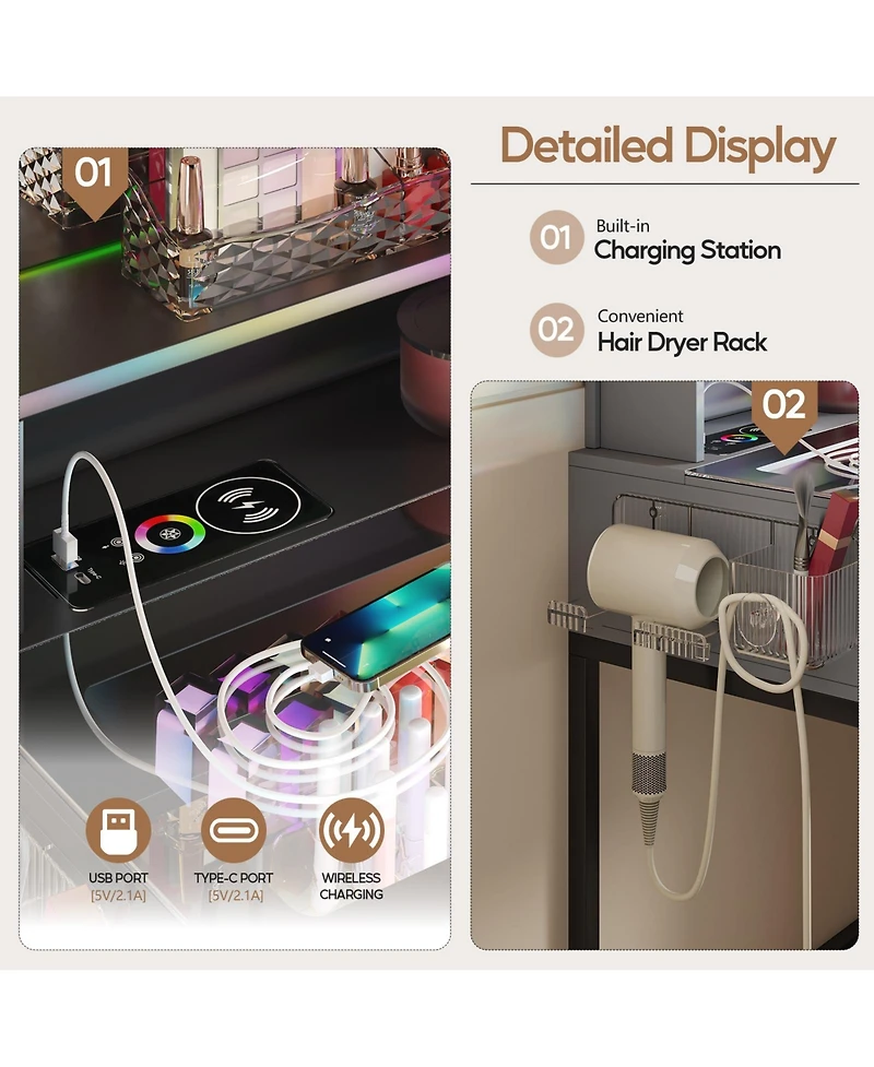 Vlsrka Led Vanity Desk Set with Rgb Mirror, Remote & Charging Station