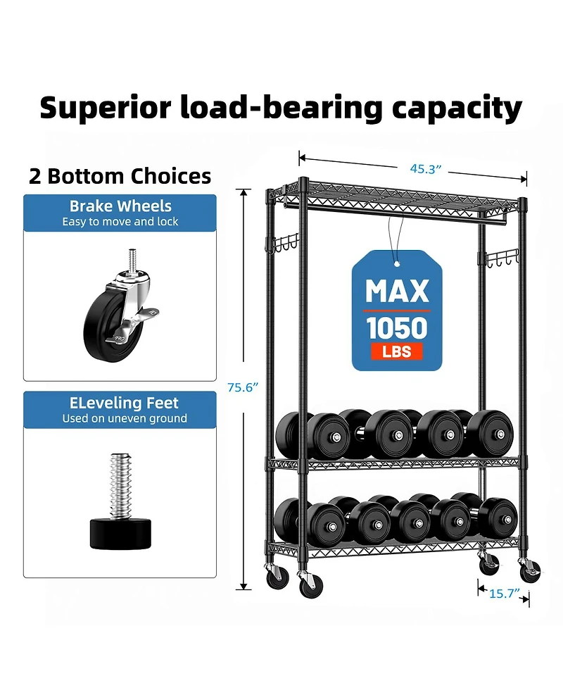 Streamdale Furniture Heavy Duty Rolling Garment Rack with Shelves and Hooks