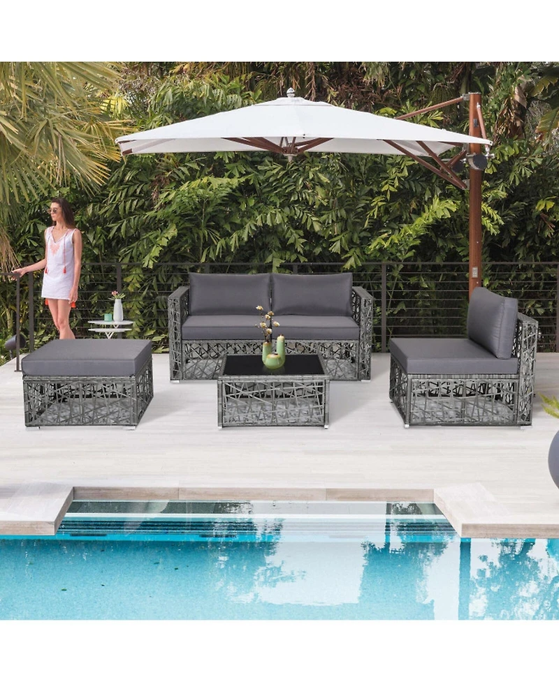 Gouun 5 Piece Outdoor Pe Wicker Sectional Conversation Set with Glass Coffee Table and Ottoman