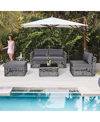 Gouun 5 Piece Outdoor Pe Wicker Sectional Conversation Set with Glass Coffee Table and Ottoman