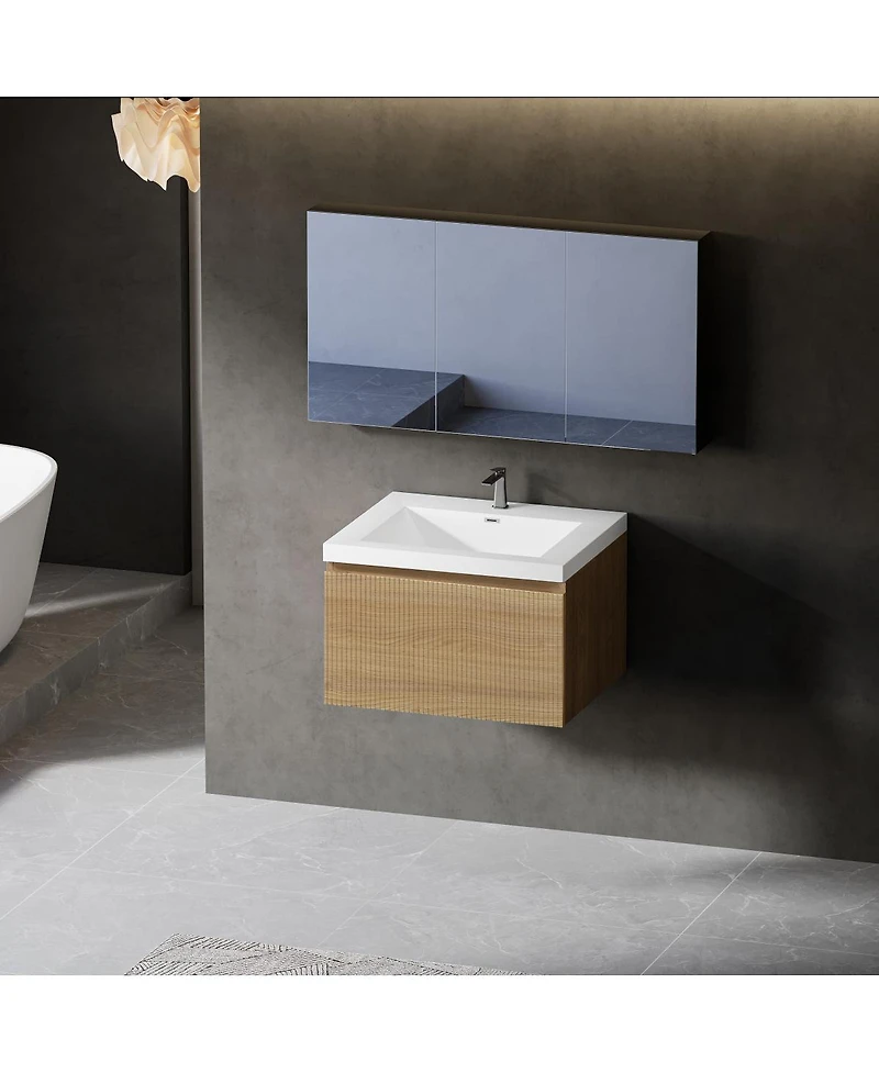 Sillysis Wall Mounted Bathroom Vanity, Glossy Stone Resin Sink, Oak Wave Textured Drawer