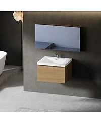 Sillysis Wall Mounted Bathroom Vanity, Glossy Stone Resin Sink, Oak Wave Textured Drawer