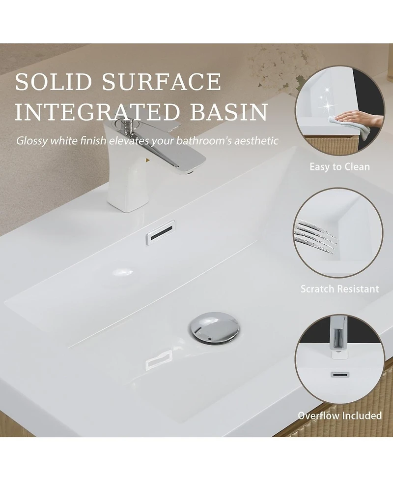 Sillysis Wall Mounted Bathroom Vanity, Glossy Stone Resin Sink, Oak Wave Textured Drawer
