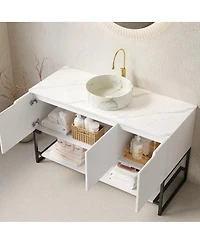 Sillysis 47.6 Inch Freestanding Bathroom Vanity with Ceramic Basin, Sintered Stone Countertop, Soft Close Doors and Open Shelf
