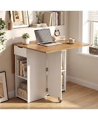 Gymax Folding Dining Table w/2 Open Shelves and Drawer 2 Lockable Universal Wheels