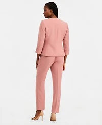Kasper Womens Cuffed 3 4 Sleeve Collarless Jacket Pleated Keyhole Neck Top Fly Front Slim Pants