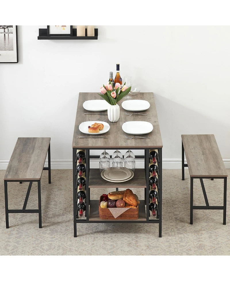 homfan 3 Pcs Dining Table Set with Tuck-In Benches, Wine Bottle Storage, Stemware Holder and Home Bar Set