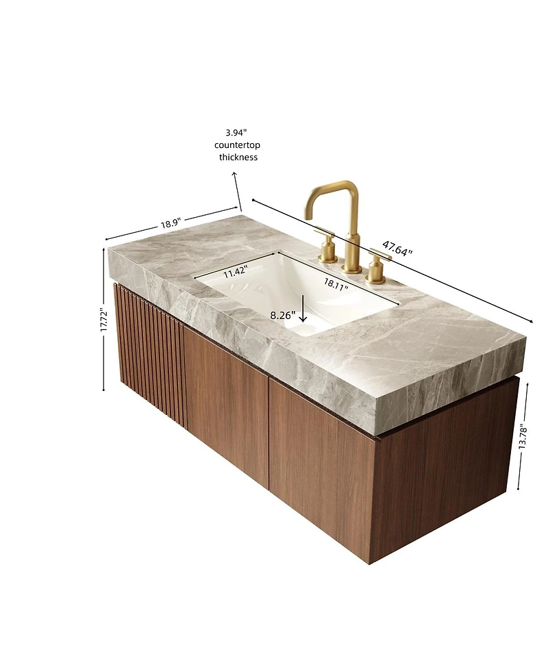 Sillysis Wall Mounted Bathroom Vanity, Sintered Stone Countertop, Undermount Ceramic Sink, Soft Close Cabinet