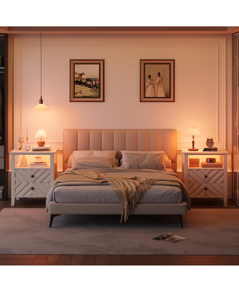 homfan Farmhouse Led Nightstand with 2 Drawers, V-shaped Design and Open Shelf, Rustic Bedside Table for Bedroom