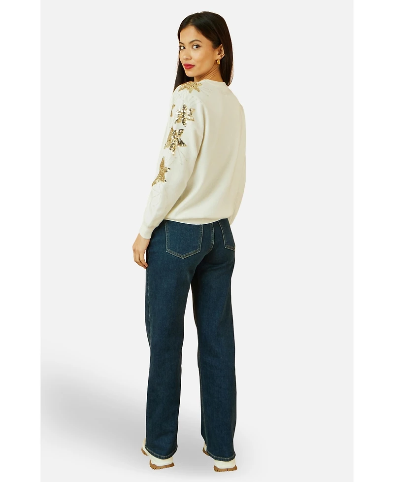 Yumi Women's Sequin Star Sleeves Jumper