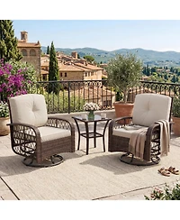 GarveeLife 3-Piece Outdoor Swivel Rocking Chair Set with Cushions and Glass Coffee Table, Wicker Patio Bistro for Porch or Garden