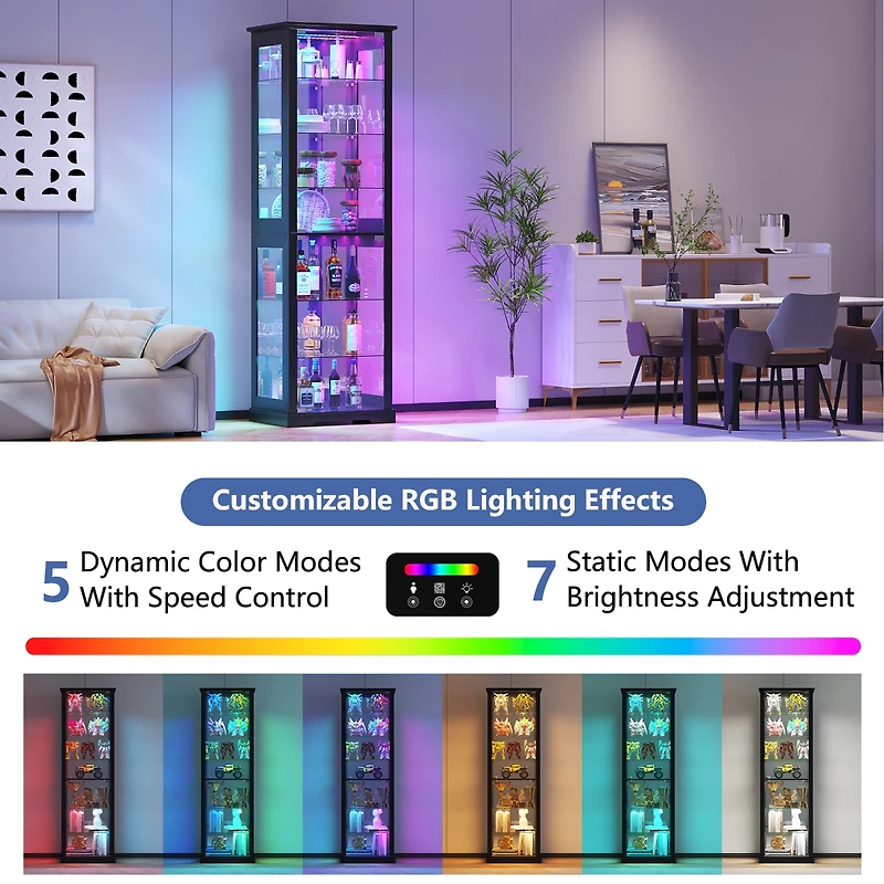 Vlsrka 70'' Tall Glass Display Cabinet with Rgb Sensor Lights and Multi-Tier Shelves