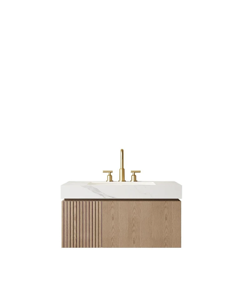 Sillysis Wall Mounted Bathroom Vanity, Carrara Sintered Stone Top, 3-Hole Ceramic Sink, Soft Close Cabinet