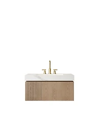 Sillysis Wall Mounted Bathroom Vanity, Carrara Sintered Stone Top, 3-Hole Ceramic Sink, Soft Close Cabinet