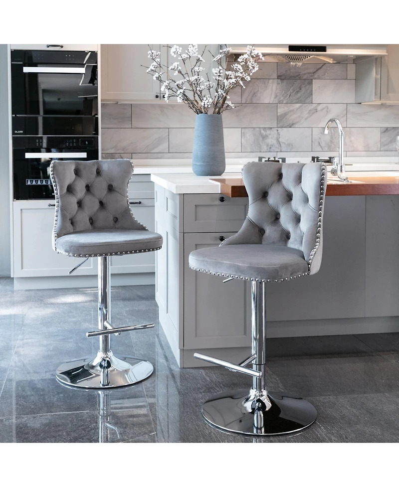Clihome Swivel Velvet Barstools Adjustable Seat Height from 25-33 Inch, Chrome base Bar Stools with Backs Comfortable Tufted,Set of 2