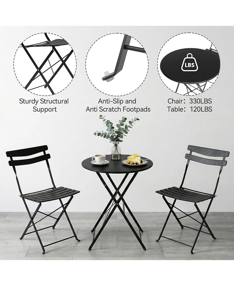 gaomon 3 Piece Outdoor Patio Bistro Set - Folding Metal Chairs and Table