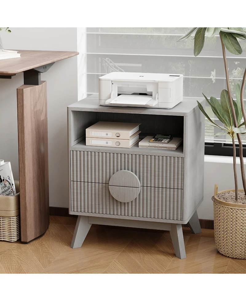 homfan Modern Fluted Bedside Tables, Charging Station with Usb Ports and Power Outlets, 2 Drawers Open Shelf, End Table for Bedroom Living Room
