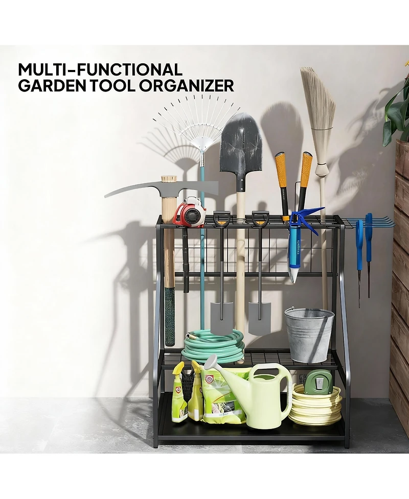 Yigii 3-Tier Garden Tool Rack: Organize 20+ Tools, Hooks, Shovel, Rake, Rust-Resistant Metal