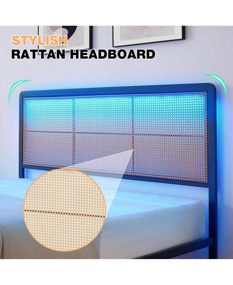 gaomon Full Size Rattan Bed Frame with Led Light Headboard, Bohemian Style Cane Boho Bed Frames