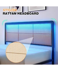 gaomon Full Size Rattan Bed Frame with Led Light Headboard, Bohemian Style Cane Boho Bed Frames