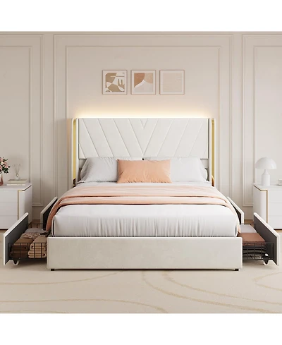 gaomon Queen Upholstered Led Bed Frame with 4 Storage Drawers