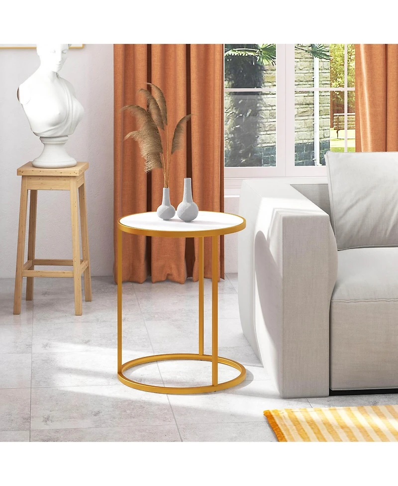 Gymax Marble Top Round Side Table 19.5''x19.5'' End Table with Golden Metal Frame
