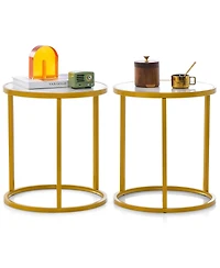 Gymax 2 pieces Marble Top Round Side Table 19.5''x19.5'' End Table with Golden Metal Frame