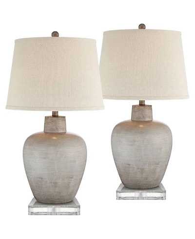 Regency Hill Designer Rustic Country Cottage Table Lamps Set of 2 with Square Risers 28 1/2" Tall Neutral Fabric Drum Shade for Bedroom Bedside